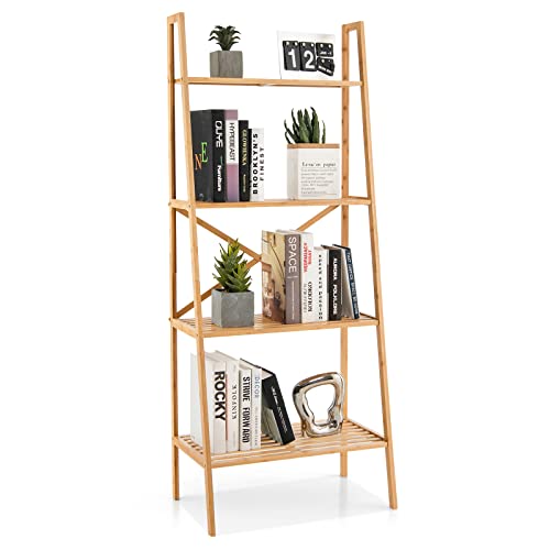 Giantex 4-Tier Bamboo Bookshelf, Multifunctional Storage Display Rack Shelves with Anti-Tipping Device, Natural Wood Ladder Shelf for Home Office Kitchen Bathroom