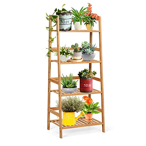 Giantex 4-Tier Ladder Shelf Plant Stand, Bamboo Flower Pots Holder Display Rack, Multifunctional Ladder-Shaped Bookshelf Storage Shelves for Home Office Living Room Bathroom Bedroom Kitchen (Natural)