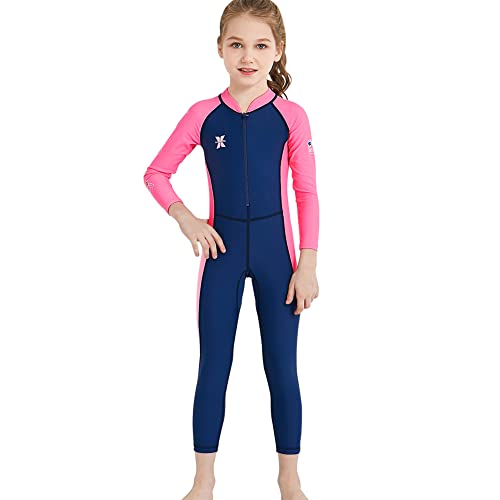 Girls Color Block One Piece Swimsuit Kids Long Sleeve Rash Guard Sunsuit Zipper Swimwear Diving Wetsuit Mock Neck Full Jumpsuit Surfing Beachwear Bathing Suit with UPF 50+ Sun Protection Navy Blue 6-7