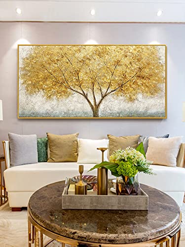 Gold Tree of Life Canvas Wall Art for Bedroom-Large 3D Framed Wall Decor -Hand-Paintined Tree Oil Painting for Living Room Ofiice 24x48 inches