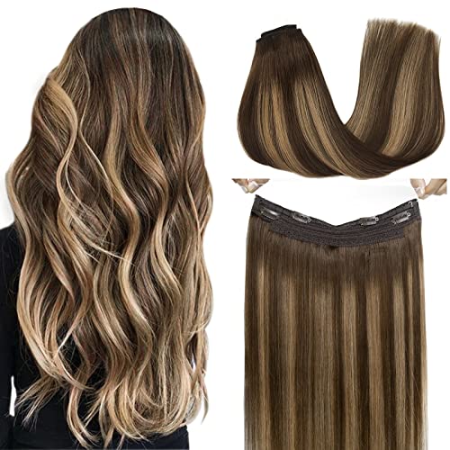 GOO GOO Hair Extensions Human Hair Balayage Chocolate Brown to Caramel Blonde 70g 12 Inch Remy Human Hair Extensions Straight Hair Extensions Layered Hairpiece with Invisible Fish Line