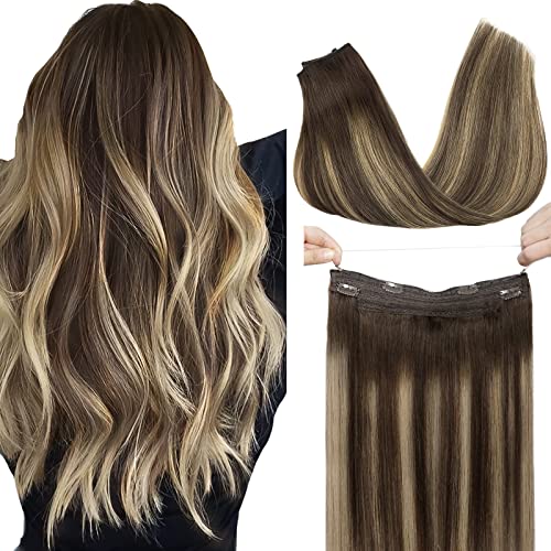 GOO GOO Hair Extensions Human Hair Balayage Chocolate Brown to Honey Blonde 75g 14 Inch Hairpiece Natural Real Hair Extensions Wire Hair Extensions with Invisible Line Straight Hair
