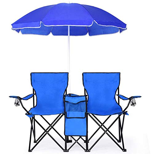 Goplus Double Folding Picnic Chairs w/Umbrella Mini Table Beverage Holder Carrying Bag for Beach Patio Pool Park Outdoor Portable Camping Chair (Blue)