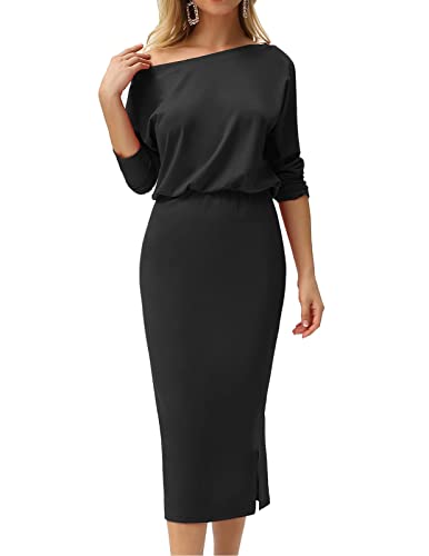 GRACE KARIN Casual One Shoulder Dress Office Bodycon Pencil Midi Dress M Black