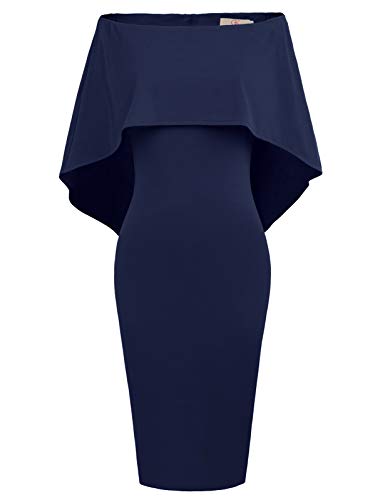 GRACE KARIN Women Off Shoulder Batwing Cape Slim Midi Dress Dark Blue