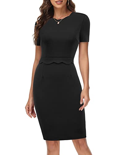 GRACE KARIN Women's Short Sleeve Scalloped Neck Elegant Sheath Pencil Dress(X-Large,Black)