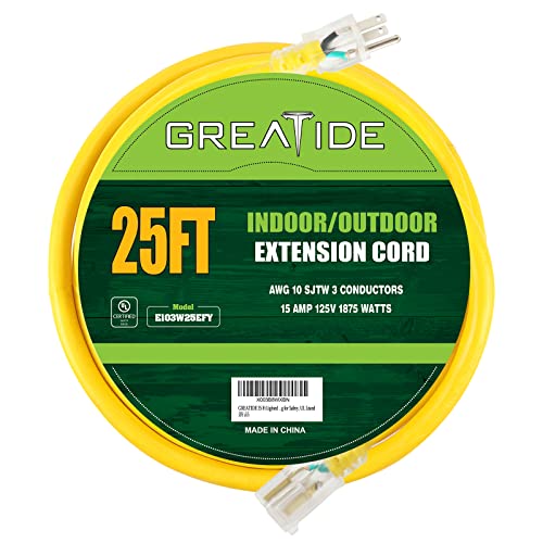 GREATIDE 25 Ft Lighted Outdoor Extension Cord - 10/3 SJTW Heavy Duty Yellow Extension Cable with 3 Prong Grounded Plug for Safety, UL Listed