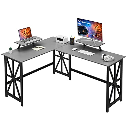 GreenForest L Shaped Desk with 2 Monitor Stand, 63.8 inch Reversible Corner Computer Desk for Home Office Study Gaming Workstation Crafting Table Spaces Saving, Easy Assembly, Grey