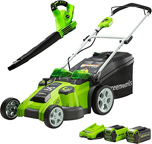 Greenworks 40V 20" Cordless Electric Lawn Mower + 40V Sweeper (150 MPH), 4.0Ah + 2.0Ah Battery and Charger Included