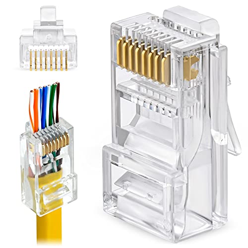 GTZ RJ45 Cat5e Pass Through Connectors - Pack of 100 - EZ to Crimp Modular Plug for Solid or Stranded UTP Network Cable - Male Ethernet Connector End