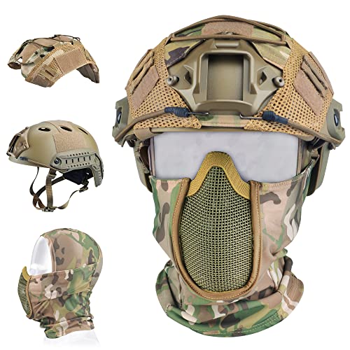 Guayma Airsoft Fast Helmet with Cover Half Mesh Mask Headgear PJ Type Tactical Multifunctional Protective NVG Mount for Paintbal Military CS Game Shooting,Tan,Large