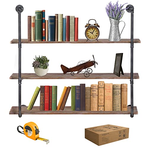 GWH (3 Tier - 48in) Industrial Pipe Shelving, Industrial Floating Shelves, 100% Pine Solid Wood, Galvanized Steel