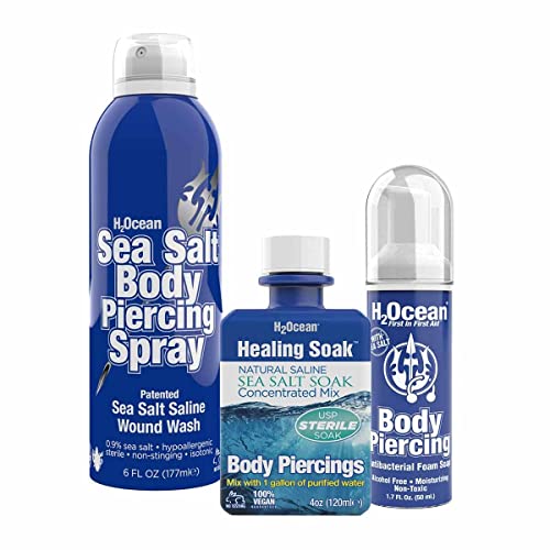 H2Ocean Complete Sea Salt Saline Vegan Body Piercing Healing and Cleansing Kit for Ear, Nose, Bellybutton, and All Body Piercings