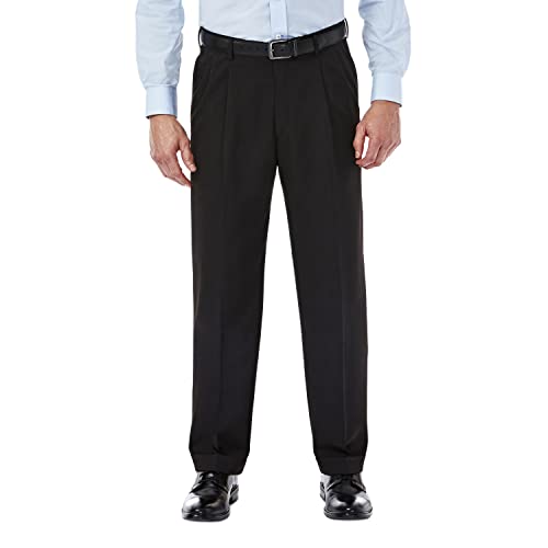 Haggar mens Mynx Gabardine Hidden Expandable Waistband Classic Fit Front Pleated dress pants, Black, 38W x 32L US