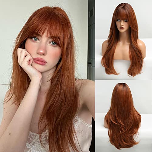 HAIRCUBE Long Auburn Wig with Bangs Layered Curly Orange Wigs for Women Natural Synthetic Wigs for Daily Use (pelucas de cabello natural)