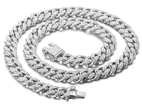 Halukakah Diamond Cuban Link Chain for Women Girl 13.5MM Platinum White Gold Finish Choker Necklace 16",Full Cz Diamond Cut Prong Set,with Giftbox