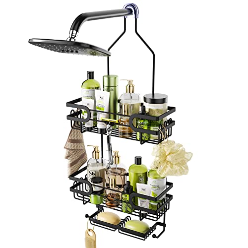 HapiRm Hanging Shower Caddy with Two Soap Holders, Rustproof & Waterproof Shower Shelf over Shower Head with 12 Hooks, No Drilling Shower Organizer for Bathroom - Black