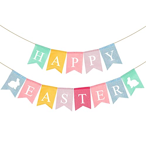 Happy Easter Banner Easter Chicken Egg Felt Happy Easter Bunny Banner Felt Easter Banner Garland for Easter Decorations, Spring Themed Party Favors Supplies, Happy Easter Day for Mantle Fireplace(2pc) (Banner Easter Burlap)