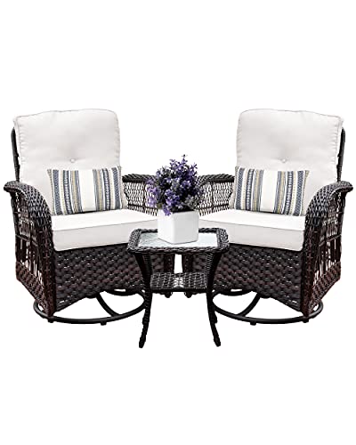 Harlie & Stone Outdoor Swivel Rocker Patio Chairs Set of 2 and Matching Side Table - 3 Piece Wicker Patio Bistro Set with Premium Fabric Cushions Outdoor Furniture (Dark Wicker Chair Beige Cushion)