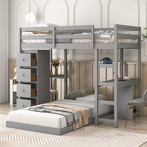 Harper & Bright Designs Twin Over Twin Bunk Beds with Desk and Storage, Wooden Twin Bunk Bed with 4 Drawers,Storage Bunk Bed with Desks & Shelves on Both Sides for Kids Teens Adults, Grey