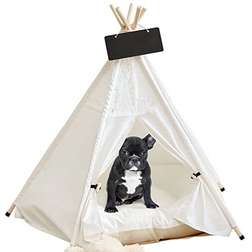 Harrage Dog House Indoor - 24 Inch Large Dog Teepee Bed & Cat Tent, Portable Cat Teepee & Folding Indoor Pet Teepee & Dog Tent Bed with Cushion Puppy House ( White )