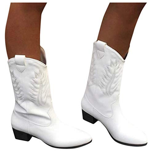 Hbeylia Women's Western Cowboy Boots Vintage Leather Round Toe Chunky Mid-Heels Wide Mid Calf Cowgirl Boots Retro Slip On Riding Short Boots Winter Shoes for Women Ladies Dress