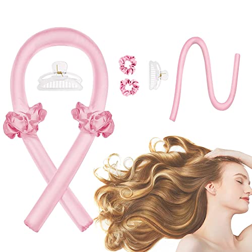 Heatless Curling Rod Headband, Heatless Curler No Heat Curls Ribbon with Hair Clips and Scrunchie, Sleeping Curls Silk Ribbon Hair Rollers (Pink)