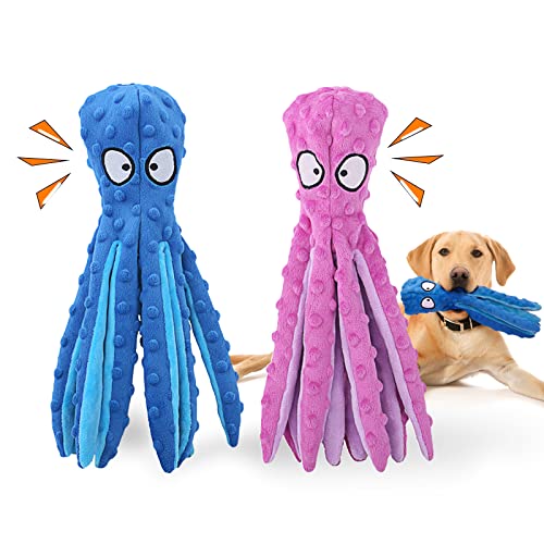 HGB Squeaky Dog Toys, Octopus No Stuffing Crinkle Plush Dog Chew Toys for Puppy Teething, Pet Training and Entertaining, Durable Interactive Dog Toys for Puppies, Small, Medium, and Large Dogs, 2 Pack