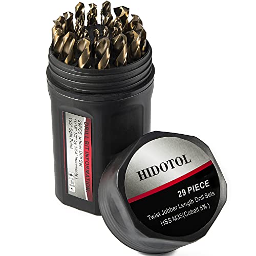 HIDOTOL Cobalt Drill Bit Set 29 PCS - M35 High Speed Steel Twist Jobber Drill Bits for Hardened Metal, Stainless Steel, Cast Iron, Plastic and Wood with Indexed Round Case,1/16"-1/2" by 1/64" THS.