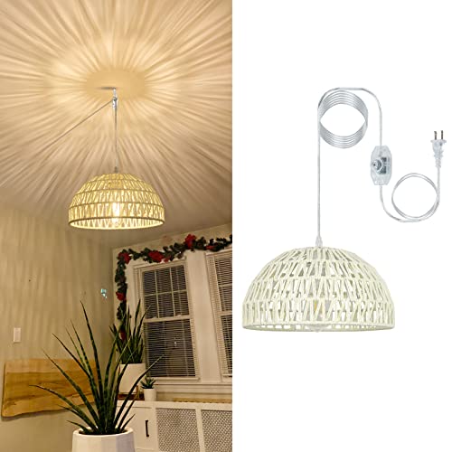 HMVPL Rattan Plug in Pendant Light Fixture, Plug in Chandelier with Dimmable LED Blub, Boho Hanging Light with Plug in Cord, Farmhouse Wicker Swag Light for Kitchen Dining Room Living Room Bedroom