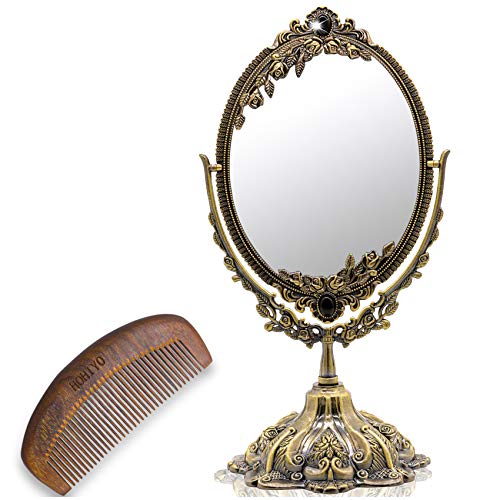 HOHIYO Vintage Makeup Desk Mirror with Wood Comb, Two Sided Swivel Tabletop Antique Oval Mirror with Metal Embossed Frame and Stand for Bathroom Bedroom Mirror (Small&Antique Bronze)