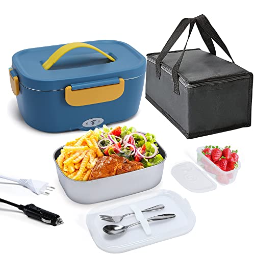 HOLDRUBY Heated Lunch Boxes for Adults, 75W Electric Lunch Box Food Heated 12/24/110-220V 1.5L Heatable Lunch Box for Car/Truck Leak-Proof Removable Stainless Steel Container, Fork & Spoon, Bag