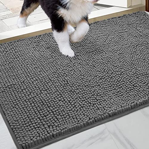 HOMEIDEAS Durable Chenille Water Absorbent Door Mat Indoor, 24x36, Machine Washable Drying Entryway Rug, Soft Dog Mat Rug, for Shoes and Pet Paws, Non-Slip Inside Doormat for Entrance, Mud Room, Grey