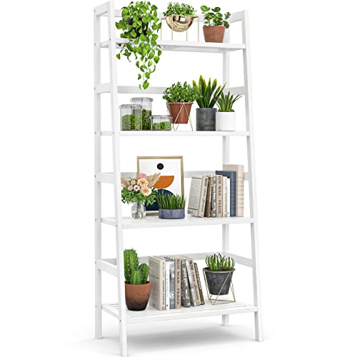 Homykic Ladder White Bookshelf, 4-Tier Bamboo Ladder Shelf 49.2” Book Shelf Bookcase Floor Freestanding Bathroom Storage Rack Plant Stand for Home Office, Bedroom, Living Room, Easy to Assemble