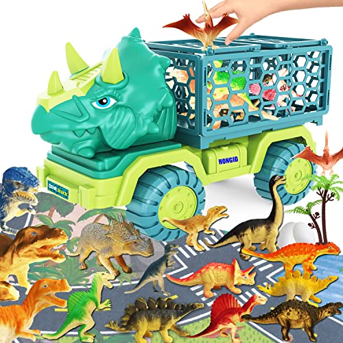 HONGID Dinosaur Truck Toys for Kids 3-5, Triceratops Car Toy with 15 Dino Figures,Large Activity Play Mat, Dinosaur Eggs, Dinosaur Play Set for Boys and Girls,Easter Gifts,Christmas Xmax