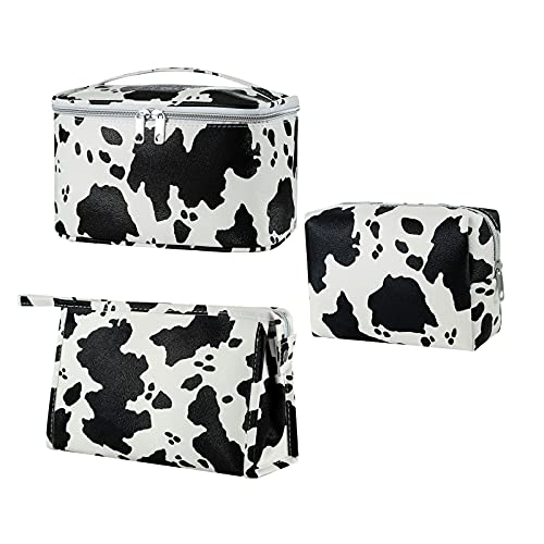 HooOriana Makeup Bag Set Cosmetic Bag 3 Pieces Small Makeup Bags for Women with Cow Animal Milk Mini Cute style Travel Cosmetic Bag Set Travel Pouch Bags