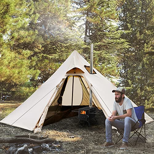 HOPUBUY 4 Person Hot Tent Canvas Tent, 4 Season Bell Tent Glamping Tent with Ventilation Net Doors and Windows, Outdoor Wind-Proof Oxford Yurt Tent Luxury Tipi Tent for Fishing Camping Hunting