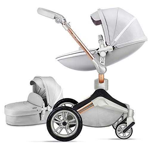 Hot Mom Baby Stroller 360 Degree Rotation Function, Baby Carriage with Seat and Bassinet Combo Pu Leather Reversible Pram,Grey