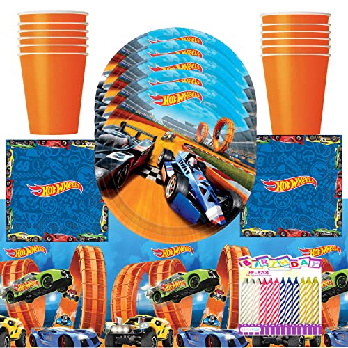 Hot Wheels Party Supplies Pack Serves 16: HotWheels Birthday Party Supplies, HotWheels Plates Napkins Cups and Table Cover with Birthday Candles (Bundle for 16)