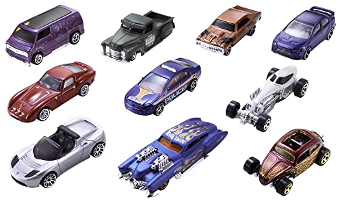 Hot Wheels Set of 10 Toy Cars & Trucks in 1:64 Scale, Race Cars, Semi, Rescue or Construction Trucks (Styles May Vary)