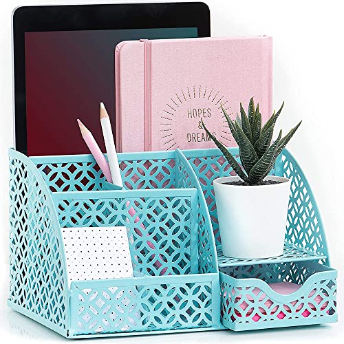 hudstill Desktop Organizer Caddy and Stationery Organizer for Office Supplies Storage and Workspace Organization, 6 Compartments 1 Drawer, Desk Accessories at Work, Home, School (Aqua Teal)