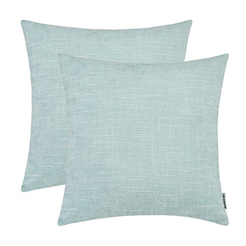 HWY 50 Aqua Decorative Throw Pillows Covers 18x18 inch for Couch Sofa Bed Living Room, Chenille Comfy Soft Square Throw Pillow Cases Set Cushion Cover with Striped White Pack of 2