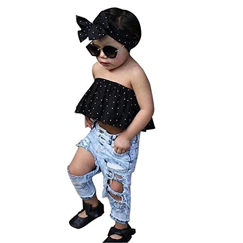 Imcute Best Gift 0-3 Years Baby Girls Off Shoulder Polka Dot Top+Destroyed Ripped Jeans+Headband Clothes Outfits Set (0-6 Months, A)