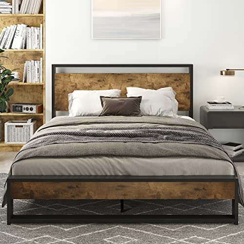 IMUsee Queen Bed Frame with Wood Headboard, Modern Rustic Style Platform Bed Frame Queen Size, Heavy Duty Strong Metal Slats Support, No Box Spring Needed, Easy Assembly, Brown