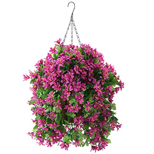 INQCMY Artificial Hanging violet Flowers in Basket for Patio Garden Decor,Artificial Hanging vine Plant in Basket,Coconut Lining Hanging Basket with Flower for The Decoration of Outdoor (Light purple)