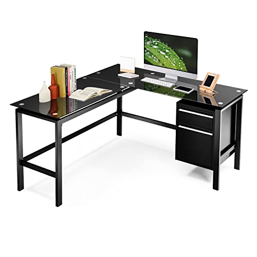 INTERGREAT Black L Shaped Computer Desk for Home Office, 56" Large Glass L Desk with Storage Drawers, Corner Study Modern Table for Writing PC Laptop Gaming Workstation (Metal Steel)