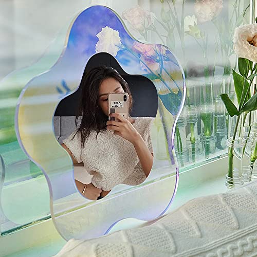 Irregular Wavy Aesthetic Vanity Funky Desk Mirror, Decorative Tabletop Acrylic Mirrors Frameless with Wooden Stand for Living Room Bedroom Office and Home Decor Mirrors (Flower Shape)