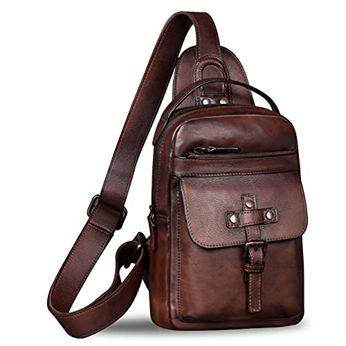 IVTG Genuine Leather Sling Bag Chest Shoulder Fanny Bag Hiking Backpack Vintage Handmade Crossbody Daypack (Coffee)