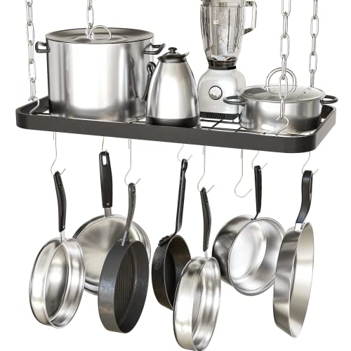 JACKCUBE DESIGN Hanging Pot and Pan Ceiling Rack, Wall Mount Grid Kitchen Pot Organizer Storage Shelves for Utensils, Cookware with 8 S Hooks (24.4 x 11.8 x 1.2 inches)- MK397B