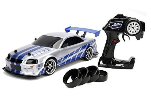 Jada Toys Fast & Furious Brian's Nissan Skyline GT-R (BN34) Drift Power Slide RC Radio Remote Control Toy Race Car with Extra Tires, 1:10 Scale, Silver/Blue (99701)